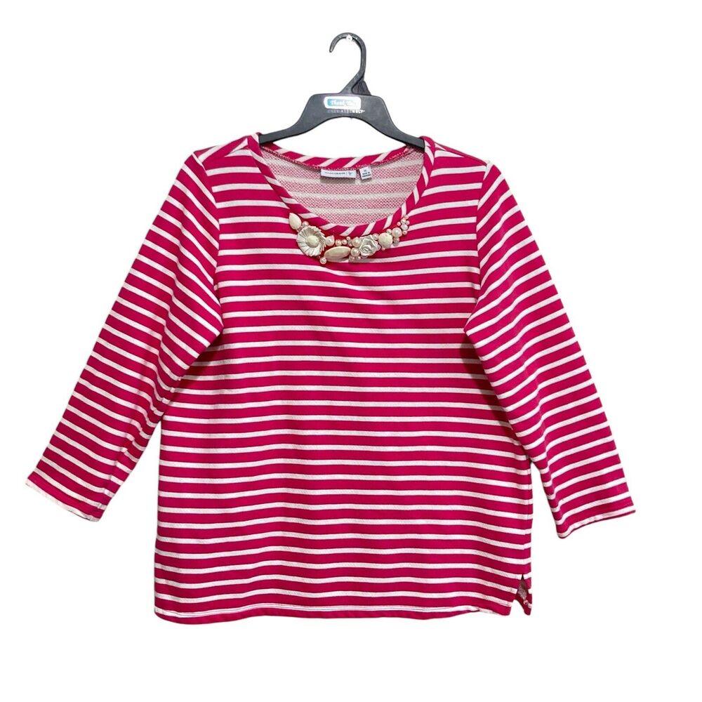 Susan Graver Sweater Top Women's Size XL Pink Striped Embellished Long Sleeve
